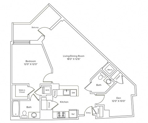 Floor plan for 1 bed, 1.5 baths, 858 sqft